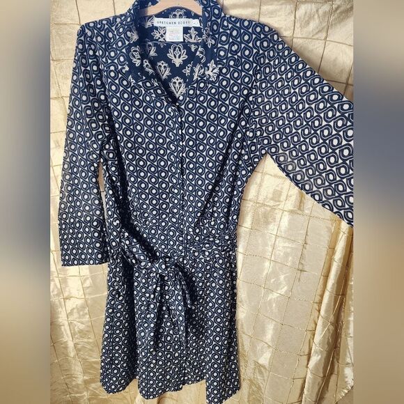 Gretchen Scott Size L Button Up Collared Dress Tie Front Abstract Pattern - Picture 2 of 7